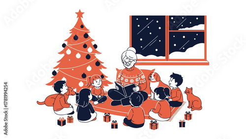 Christmas Eve Storytime: A cozy illustration depicts a heartwarming Christmas scene, with a group of children gathered around a kind figure as she reads aloud.