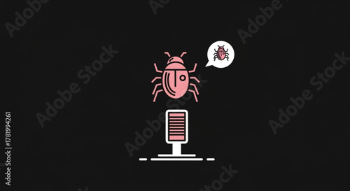 Illustration of a bug on a computer screen, representing a software error or virus, isolated on a in a cartoon style