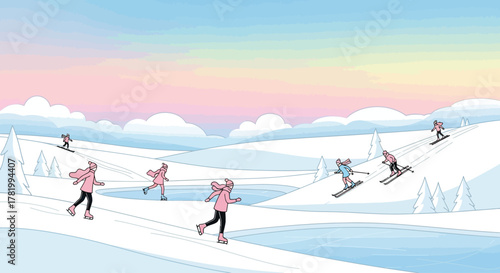 A whimsical winter scene with people skiing and rollerblading down snowy hills under a pastel sky.