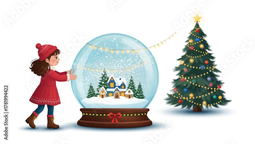 A Winter Wonderland: A young girl, enveloped in a cozy winter coat, gazes with wonder at a magical snow globe, adorned with miniature houses and a lush Christmas tree.