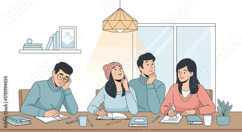 Four young people studying together at a table with books and notebooks.