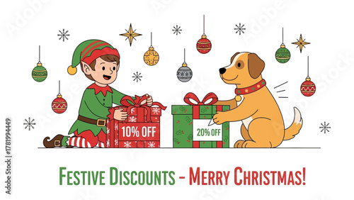 Festive Christmas Discounts: A cheerful elf and a playful dog collaborate, presenting gift boxes adorned with enticing discount offers, ushering in the joyous season with irresistible savings. 