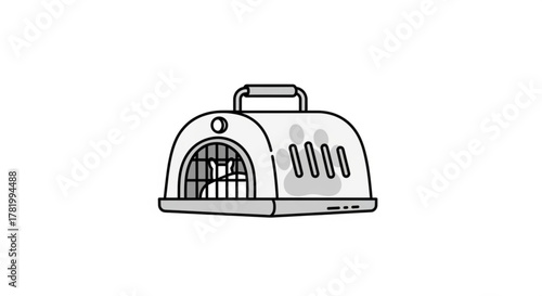 A pet carrier with a cat inside, designed for transporting small animals, its a safe and comfortable travel solution
