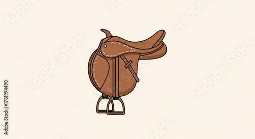 Illustration of a classic brown leather horse saddle, showcasing its design and craftsmanship