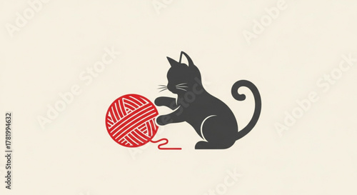 A charming illustration of a black cat playfully batting at a vibrant red ball of yarn, a delightful scene