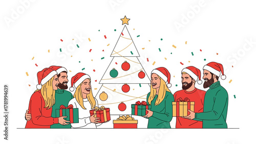 Festive Gift Exchange: Capture the spirit of the holiday season, with a group of friends exchanging gifts beneath a decorated Christmas tree.  A scene of unity, generosity and communal joy.