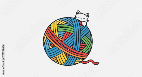 A whimsical illustration of a cute white kitten nestled atop a large, colorful ball of yarn, a playful scene