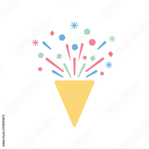 A simple flat design illustration of a yellow party popper bursting with colorful confetti and streamers.