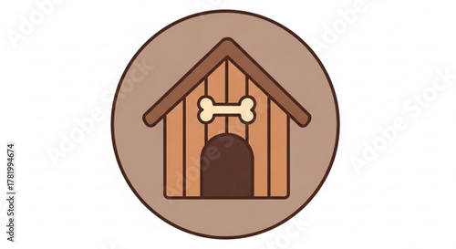 A charming illustration of a dog house with a bone above the entrance, set within a circle, a cozy scene