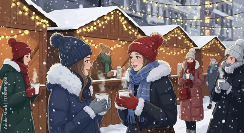 Winter market scene with people enjoying warm drinks, snow, and festive lights during the holiday season.