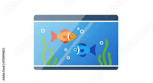 A colorful aquarium with two fish swimming among bubbles and seaweed a vibrant and cheerful aquatic scene
