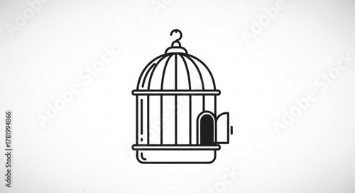 A line art illustration of an empty birdcage with the door open, , symbolizing freedom and the potential for escape