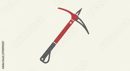 Illustration of a red and grey ice axe with a swiss cross on the handle for mountain climbing and mountaineering