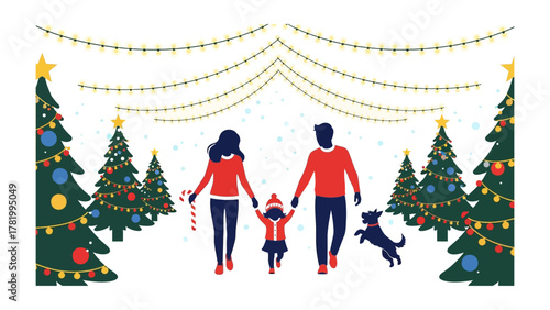 Winter Family: A heartwarming depiction of a family, strolling through a snowy winter landscape, embraced by the magic of the holiday season, with a Christmas tree and string lights. 