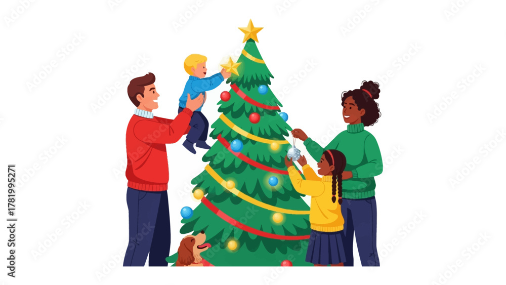 Fototapeta premium Festive Family: A family decorates a Christmas tree, creating a scene of holiday cheer. The joy and togetherness of this timeless tradition are beautifully illustrated.