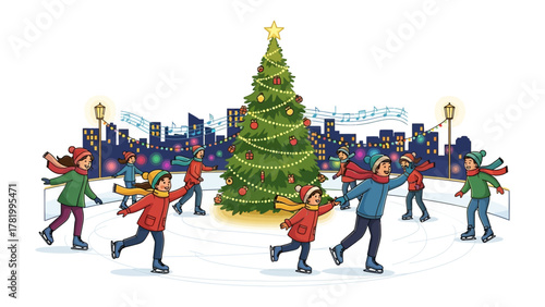 Holiday Skating: A festive illustration of people joyfully ice skating around a beautifully decorated Christmas tree, a scene of winter celebration under the night sky.