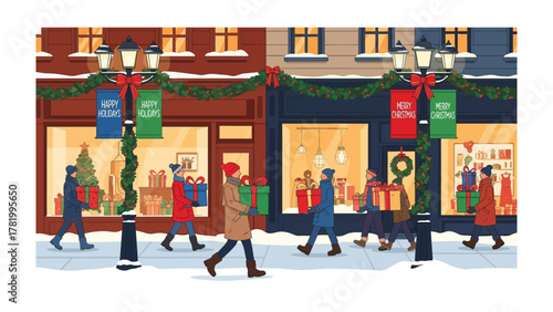 Holiday Shoppers: Capture the spirit of the season, shoppers walking on sidewalk with colorful lights and gifts. A perfect Christmas season day.