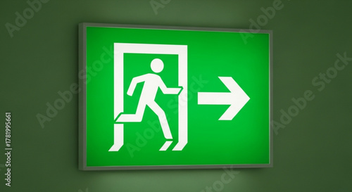 Illuminated green exit sign with running man symbol indicating the direction of escape in case of emergency on a green wall