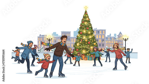 Winter Wonderland Skate: A scene of joyful winter festivities, where families and friends glide and celebrate around a festive Christmas tree. Capturing the spirit of togetherness, laughter.