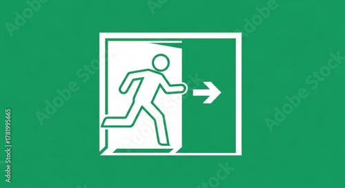 Illuminated green exit sign with running man symbol indicating the direction of escape in case of emergency isolated on green background
