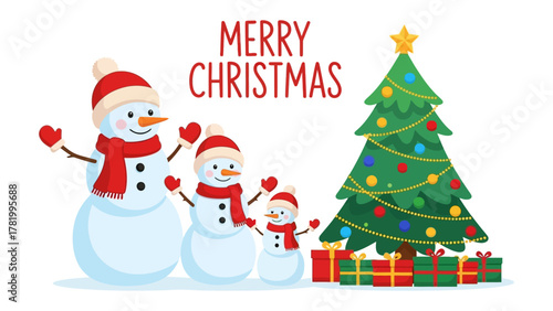 Joyful Christmas Scene: A charming illustration capturing the warmth of the season, features cheerful snowmen and a decorated Christmas tree, evoking festive spirit.