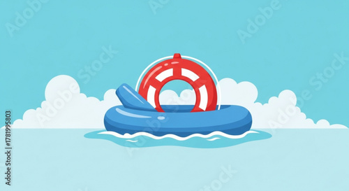 Illustration of a blue inflatable boat with a red and white life preserver floating on water with clouds