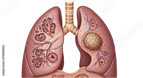 Illustration of Diseased Human Lungs cancer with Visible Tumors and Abnormalities