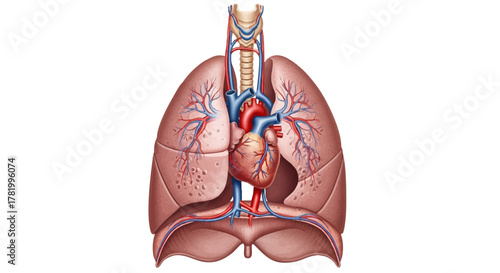 Anatomical illustration of the human respiratory and circulatory systems, highlighting the heart and lungs