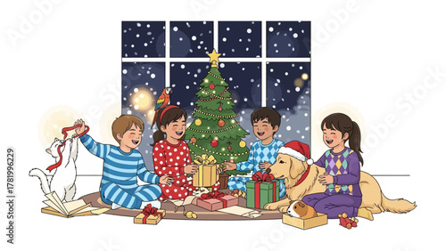 Christmas Joy: Children gather around a beautifully decorated tree, sharing gifts and laughter, with a playful dog joining the festive scene. A heartwarming depiction of holiday happiness.
