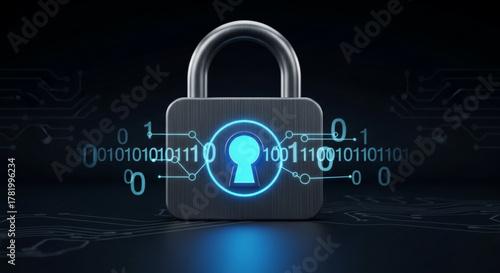 Digital security concept showing a padlock with binary code, symbolizing data protection and cybersecurity in the modern digital age