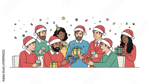 Festive Gathering of Gift-Giving Friends: Joyful group exchanges gifts during a Christmas celebration. The scene is one of warmth, camaraderie, and sharing the spirit of the season.
