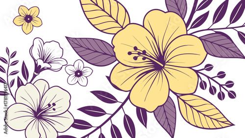 Set of floral branch with yellow hibiscus flowers and purple leaves. A beautiful vector arrangement for greeting cards, wedding invitations, posters, and other decorative designs. Hand-drawn botanical