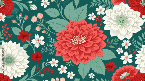 seamless floral pattern, Seamless vector floral pattern with red and white dahlias on a dark green background. A beautiful, elegant, and decorative botanical illustration perfect for textile design, 