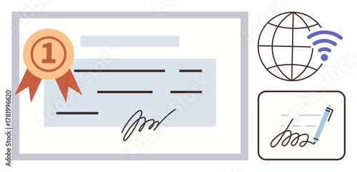 Diploma with award ribbon, signature, and globe with wireless icon. Ideal for education, certification, achievement, digital credentials, recognition e-learning and professional growth. Clean flat