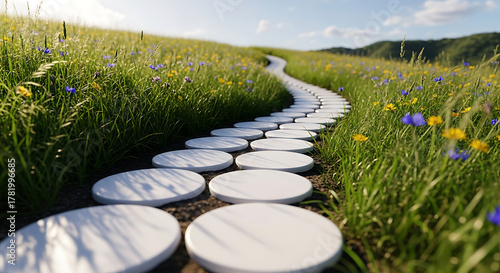 Fototapeta Naklejka Na Ścianę i Meble -  A winding stone path through a lush green meadow with wildflowers