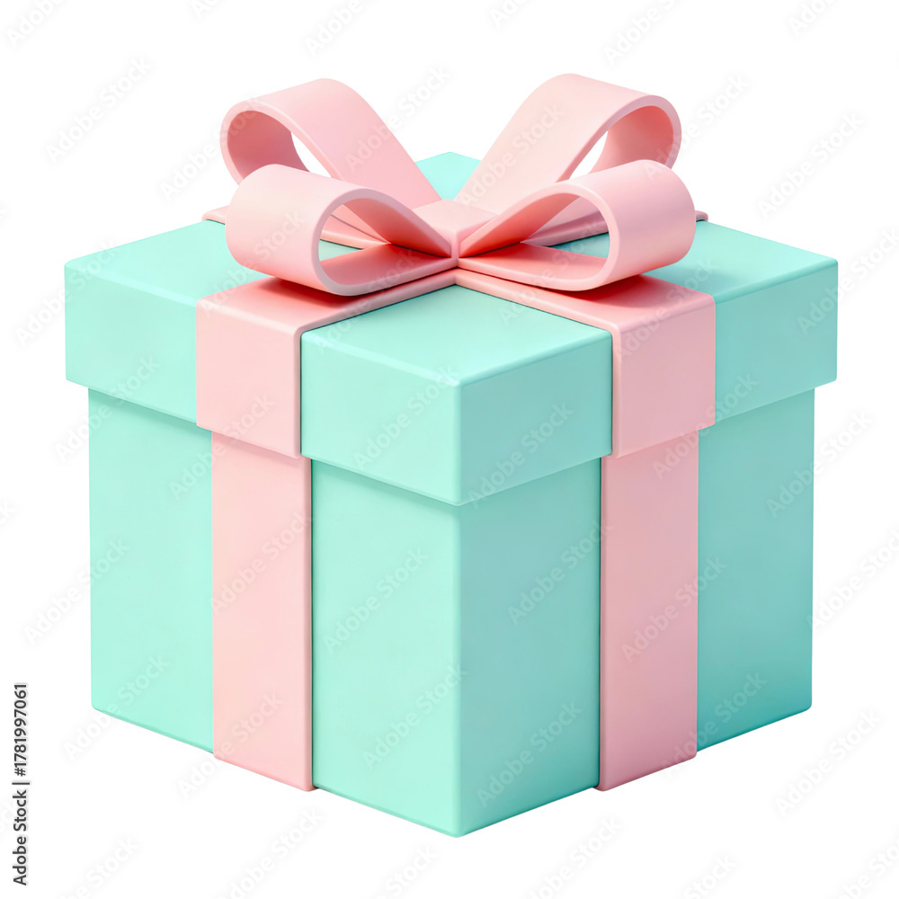 Fototapeta premium Beautifully wrapped gift box with pastel pink ribbon and bow on light blue box, evoking sense of anticipation and joy. Perfect for celebrations and special occasions