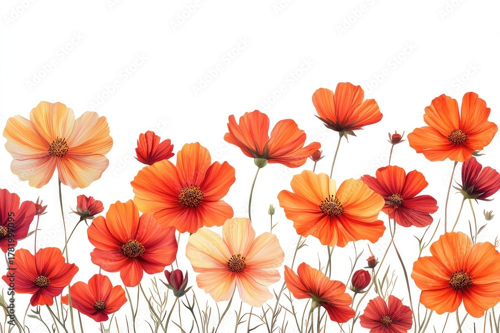 Obraz premium Vibrant orange cosmos flowers in a field, isolated against a clear backdrop