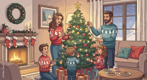 A happy family wearing festive sweaters decorates a Christmas tree together in a cozy living room with a fireplace.