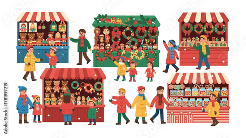 Holiday Market Stalls: A vibrant holiday market scene bustling with families, showcasing an array of festive products and holiday cheer. capturing the essence of the holiday spirit.