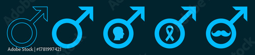 Light blue Male gender sign icons. vector illustration for male symbol with mustache, ribbon, silhouette for Movember movement, men's health awareness campaign, November 19 poster- banner(Isolated)