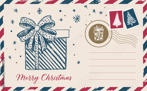 Christmas mail, postcard, hand drawn illustration.	