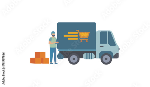 Online Shopping Fast Delivery Truck Vector Illustration
