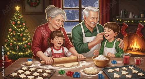 Grandparents and grandchildren joyfully bake Christmas cookies together in a cozy, festive home, with a decorated tree and fireplace.