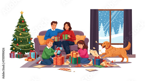 Festive Christmas Morning: A cheerful family gathers on Christmas morning, their faces alight with joy as they open presents around a beautifully decorated tree.