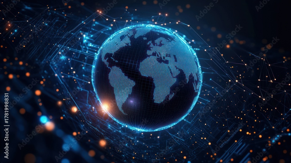 Obraz premium Digital 3D globe with glowing network connections and illuminated continents representing global connectivity and technology