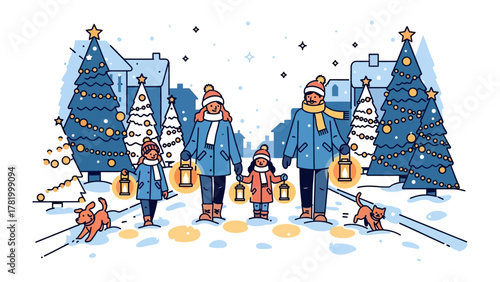 Winter Holiday Family: A cartoon depicts a family of four, strolling hand-in-hand along a snow-covered street, their silhouettes illuminated by the soft glow of lanterns.