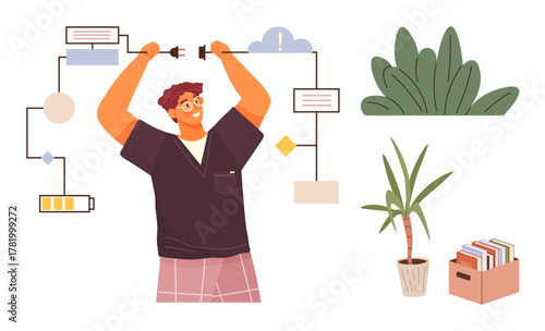 Man connecting flowchart elements with cords, surrounded by workflow icons, potted plants, and file storage. Ideal for project management, creativity, problem solving, organization, teamwork