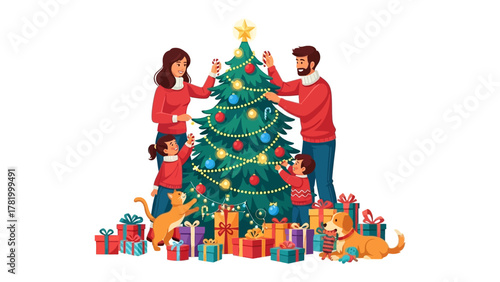 Family's Festive Gathering: A vibrant scene of family bonding and festive preparation, as they gather around a brilliantly decorated Christmas tree. The air is filled with anticipation and joy.