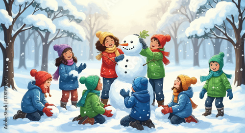 A group of happy children in colorful winter clothes building a snowman together in a snowy forest.