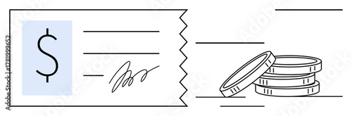 Check with signature and dollar sign next to stack of coins. Ideal for finance, banking, payments, investments, savings, accounting, salary fundraising. Simple flat metaphor